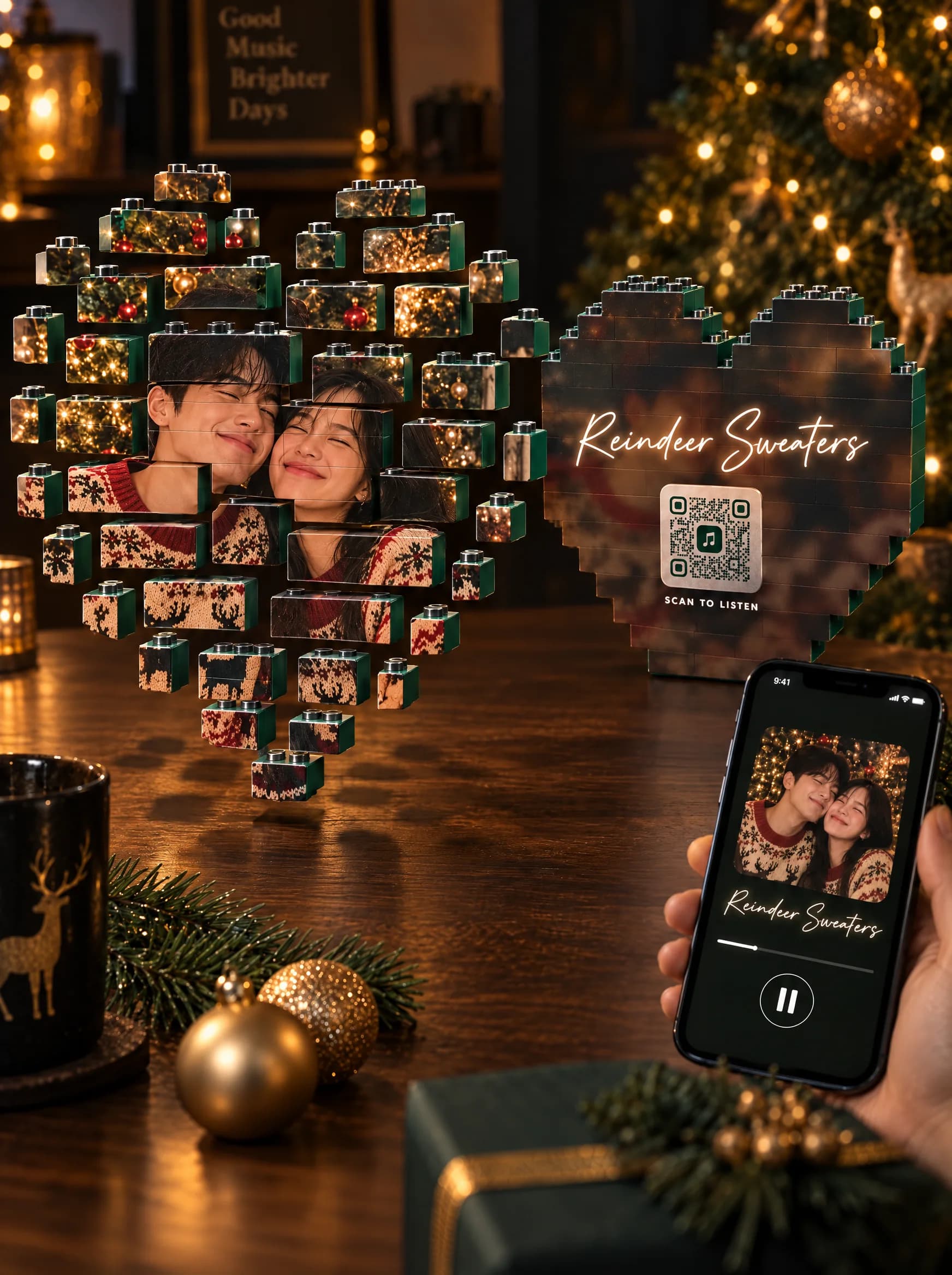 The brick heart floating apart into individual photo bricks next to its back side