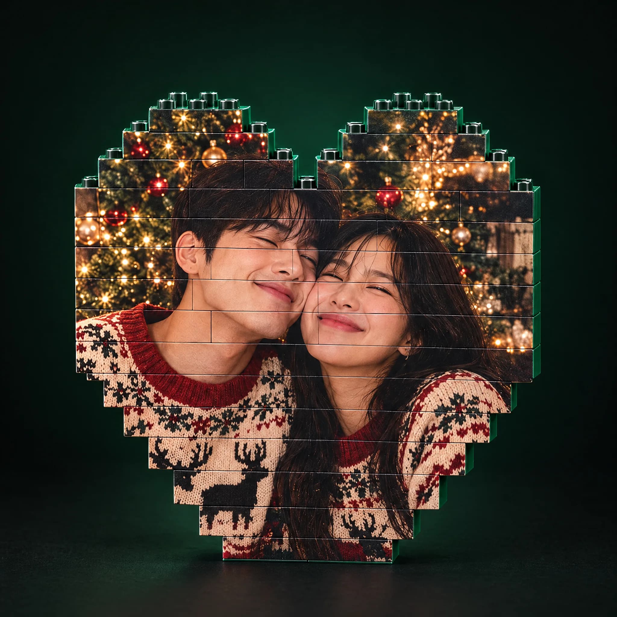 Heart made of photo bricks showing a couple in matching reindeer sweaters in front of a Christmas tree
