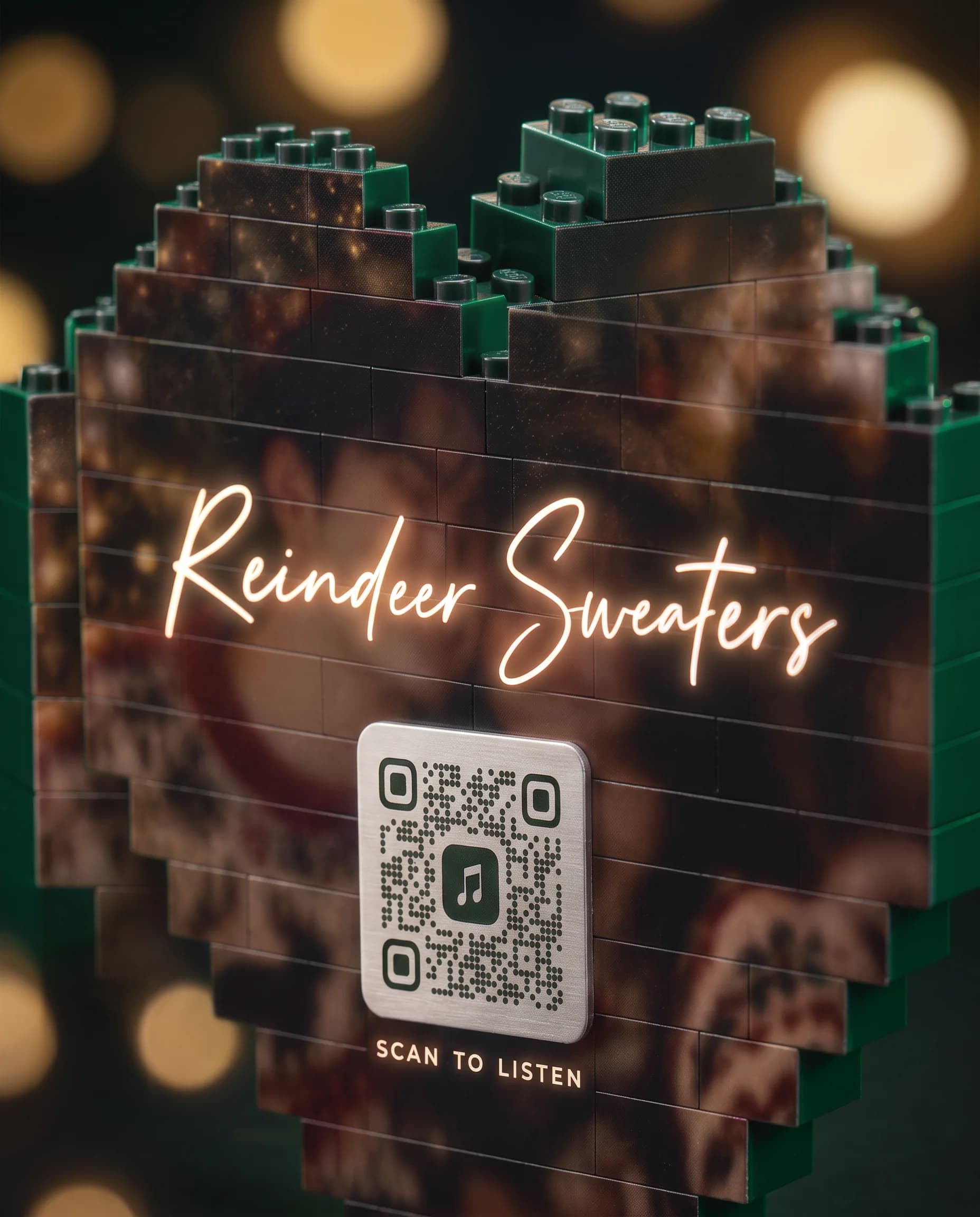 Close-up of the glowing song title and the silver QR code on the back of the brick heart