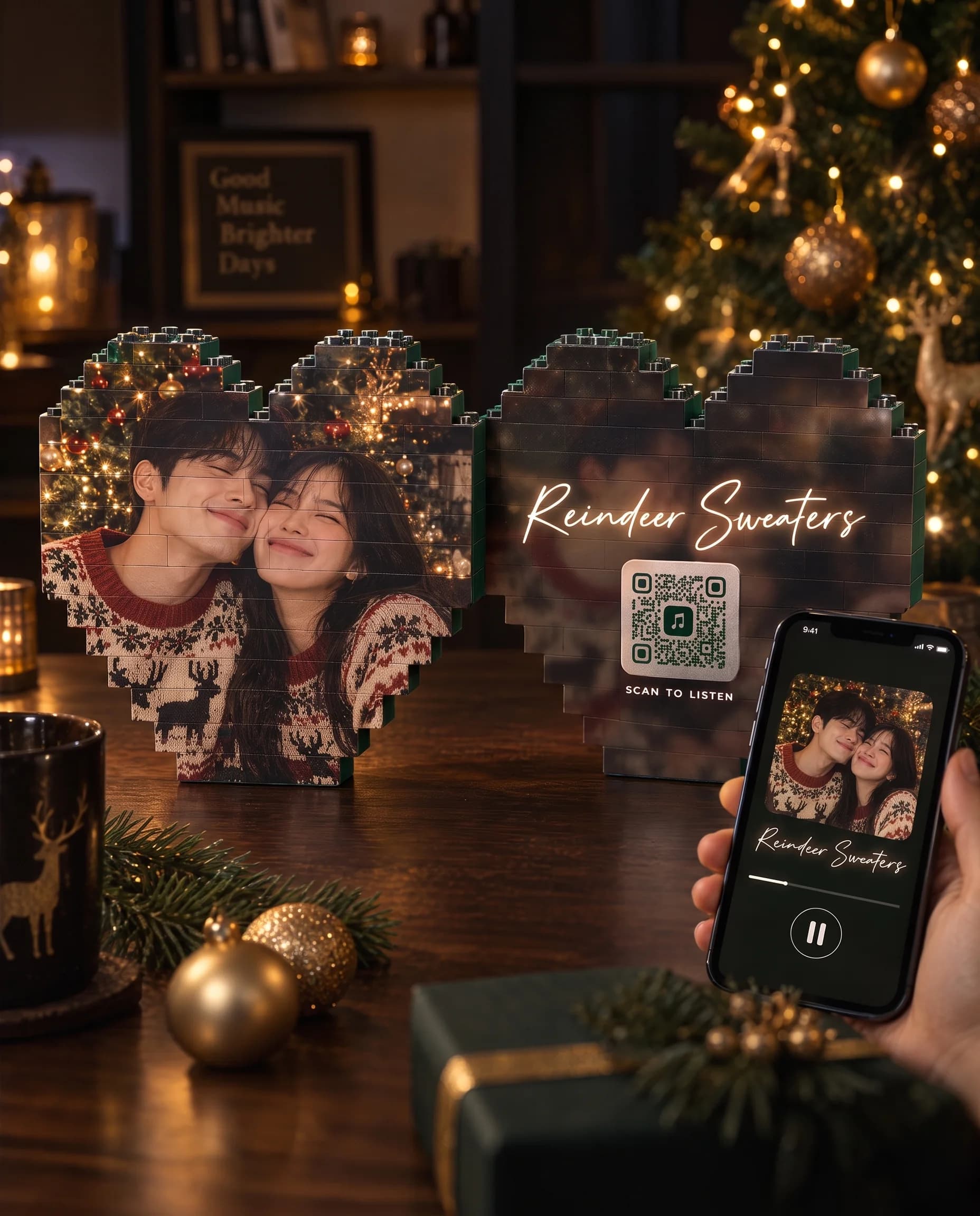 Front and back of the brick heart by the Christmas tree with a phone playing the song