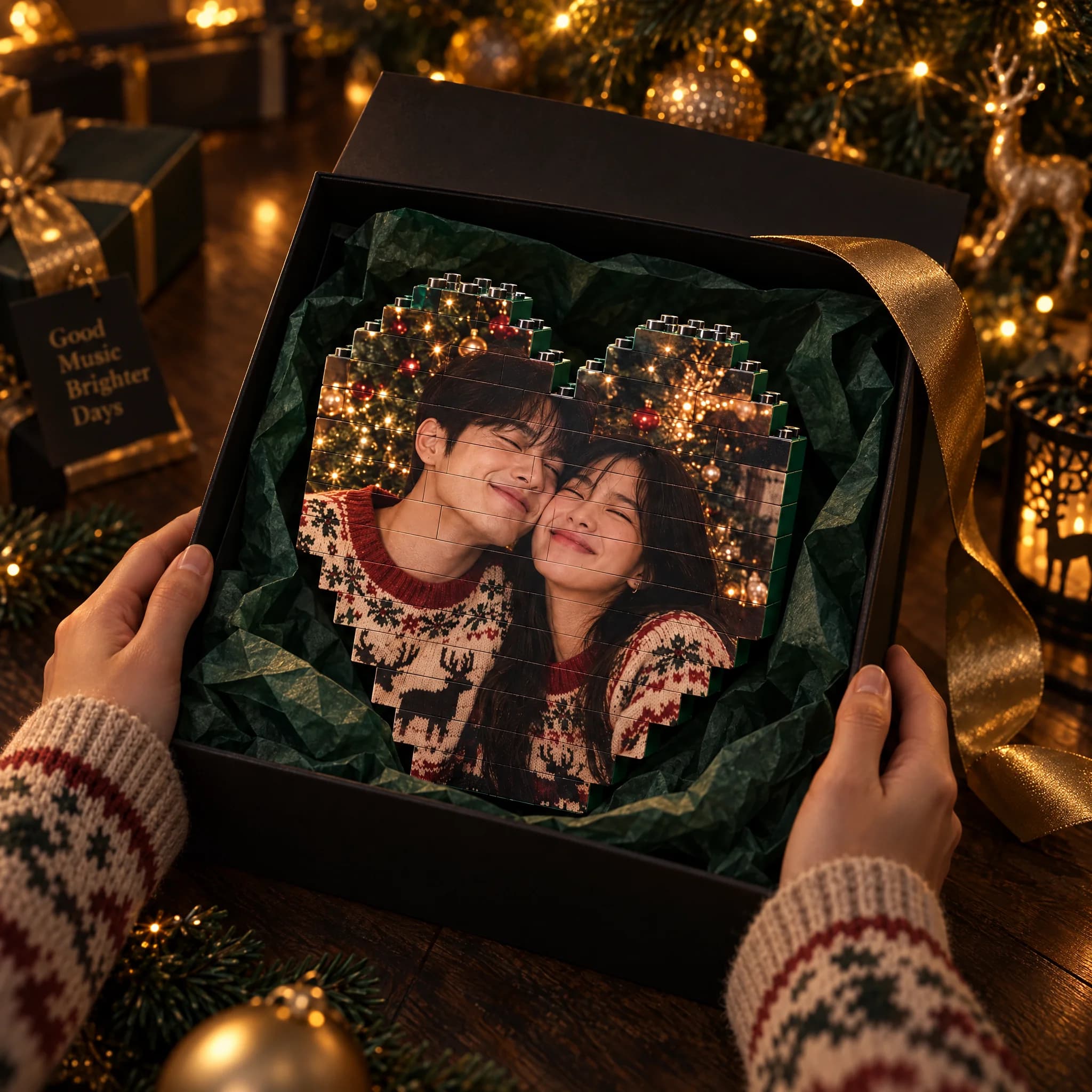 Hands holding an open black gift box with the photo brick heart inside, gold ribbon and Christmas lights around it